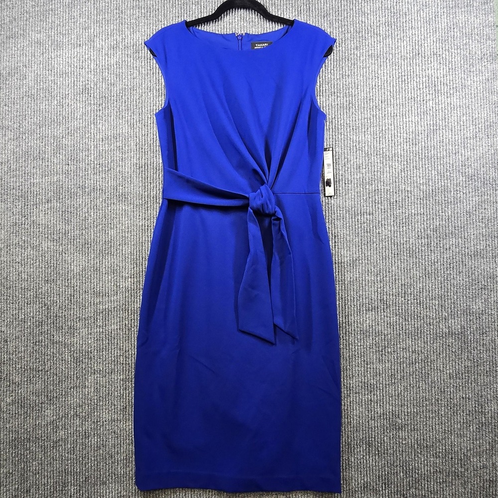 Tahari Arthur S Levine Dress Womens 8 Blue Tie Waist Sheath Knee Length NWT